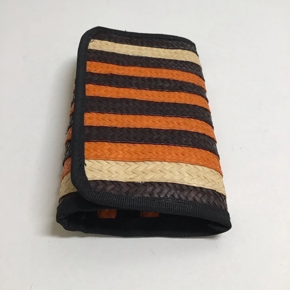 Handmade Woven Straw Wallet Zip Pouch Stripe Clutch Raffia Natural Brown Orange